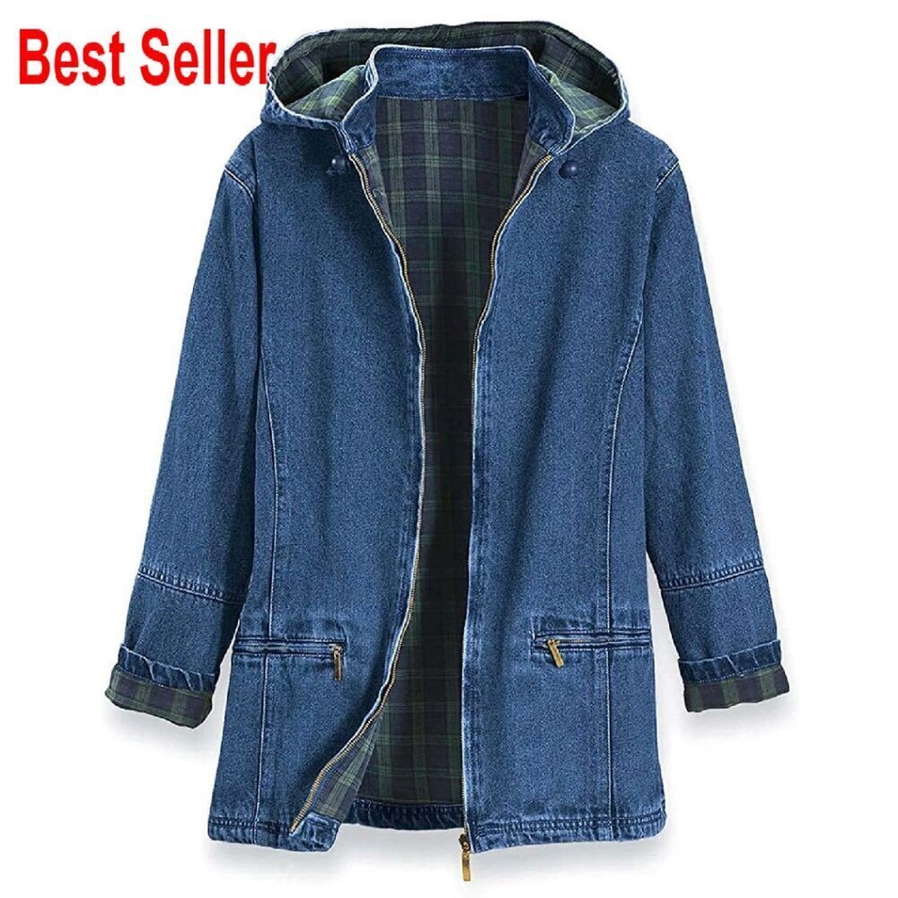 Denim Jacket Flannel Lined Detachable Hood Classic Oversized Chic Fall Outerwear